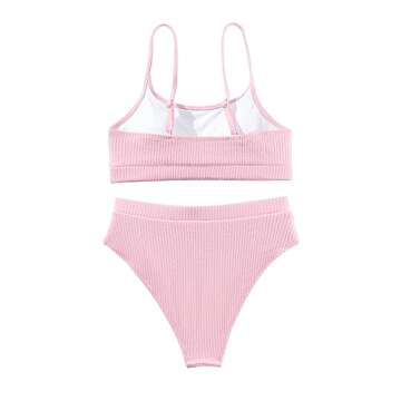 Lilosy High Waisted Tummy Control Bikini Ribbed Sporty Brazilian Swimsuit Set Women Highwaisted Cheeky Cut Leg Rise Bottom Crop Push Up Top 2 Piece Bathing Suit Pink Large