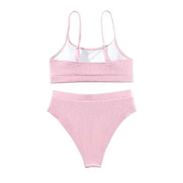 Lilosy High Waisted Tummy Control Bikini Ribbed Sporty Brazilian Swimsuit Set Women Highwaisted Cheeky Cut Leg Rise Bottom Crop Push Up Top 2 Piece Bathing Suit Pink Large