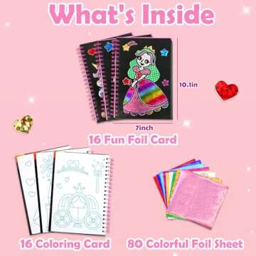 pigipigi Art Craft Activity for Kids: Foil Art Princess & Unicorn DIY Toy Kit, No Mess Creative Travel Supply Set, Idea Birthday Christmas Valentine Gift for Girl Boy Children 3 4 5 6 7 8 9 Year Old