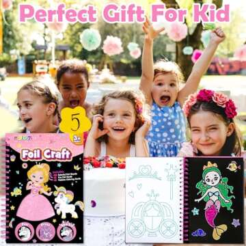 pigipigi Art Craft Activity for Kids: Foil Art Princess & Unicorn DIY Toy Kit, No Mess Creative Travel Supply Set, Idea Birthday Christmas Valentine Gift for Girl Boy Children 3 4 5 6 7 8 9 Year Old