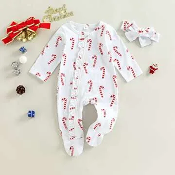 KOSUSANILL Newborn Baby Girl Christmas Outfit Clothes Infant Ruffle Zipper Long Sleeve Footed Romper Footie Jumpsuit