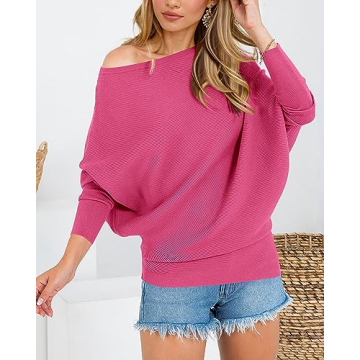 Zenlonr Women's Fall Sweaters 2025 Casual Long Batwing Sleeve Loose Off Shoulder Knit Pullovers Jumper Tops(Solid Rose Red,Medium)