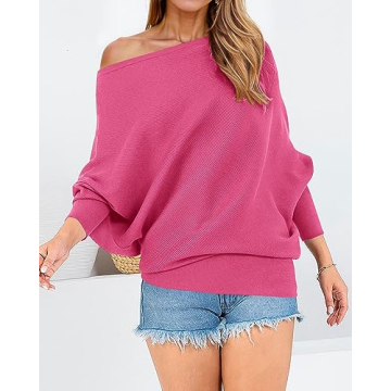 Zenlonr Women's Fall Sweaters 2025 Casual Long Batwing Sleeve Loose Off Shoulder Knit Pullovers Jumper Tops(Solid Rose Red,Medium)