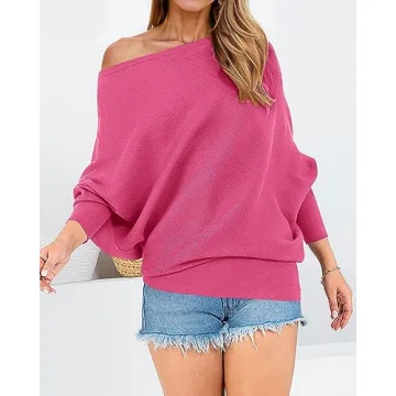 Zenlonr Women's Fall Sweaters 2025 Casual Long Batwing Sleeve Loose Off Shoulder Knit Pullovers Jumper Tops(Solid Rose Red,Medium)