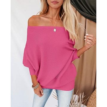 Zenlonr Women's Fall Sweaters 2025 Casual Long Batwing Sleeve Loose Off Shoulder Knit Pullovers Jumper Tops(Solid Rose Red,Medium)