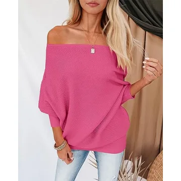 Zenlonr Women's Fall Sweaters 2025 Casual Long Batwing Sleeve Loose Off Shoulder Knit Pullovers Jumper Tops(Solid Rose Red,Medium)