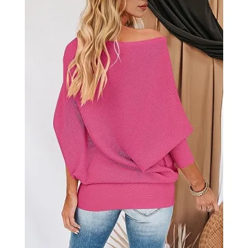 Zenlonr Women's Fall Sweaters 2025 Casual Long Batwing Sleeve Loose Off Shoulder Knit Pullovers Jumper Tops(Solid Rose Red,Medium)