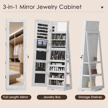 DlandHome Jewelry Cabinet with Full-Length Mirror Lockable