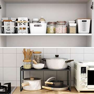 ideaglass Countertop Organizer, Cupboard Stand Spice Rack, 16" Cabinet Pantry Shelf, Organization and Storage for Kitchen Bathroom, Metal Plate Black