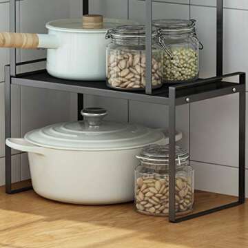 ideaglass Countertop Organizer, Cupboard Stand Spice Rack, 16" Cabinet Pantry Shelf, Organization and Storage for Kitchen Bathroom, Metal Plate Black