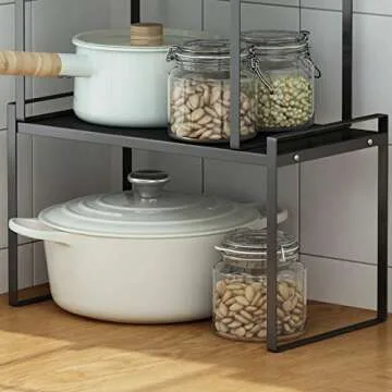 ideaglass Countertop Organizer, Cupboard Stand Spice Rack, 16" Cabinet Pantry Shelf, Organization and Storage for Kitchen Bathroom, Metal Plate Black