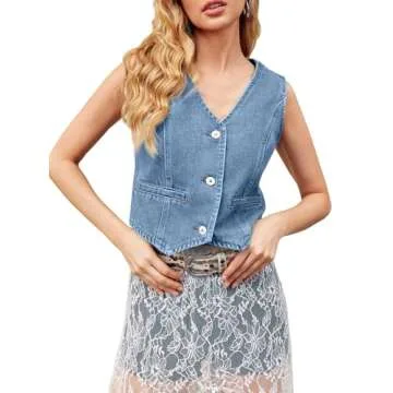 Imily Bela Womens Denim Vest Sleeveless V Neck Button Down Jean Waistcoat Jacket Y2K Summer Crop Tops