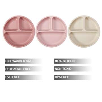 PandaEar 3 Pack Toddler Plates, Silicone Divided Suction Plate for Babies, BPA-Free 100% Food-Grade Silicone Unbreakable Baby Plate (Pink/Linen/Light Pink)