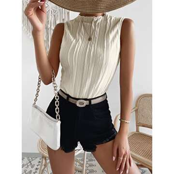 Verdusa Women's Sleeveless Mock Neck Textured Tank Top Beige M