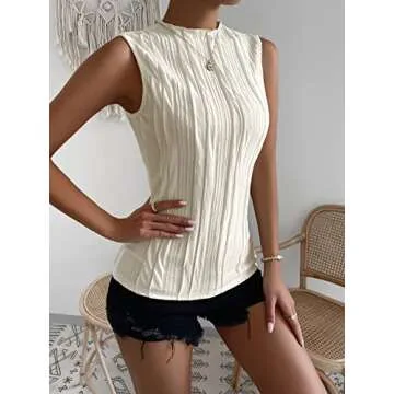 Verdusa Women's Sleeveless Mock Neck Textured Tank Top Beige M