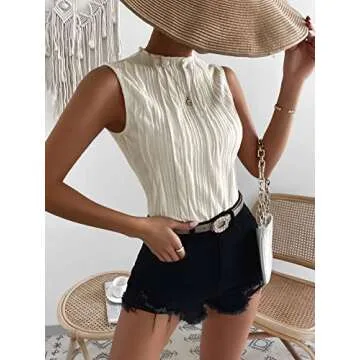 Verdusa Women's Sleeveless Mock Neck Textured Tank Top Beige M