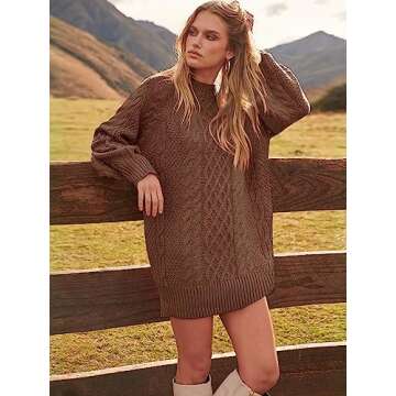 ANRABESS Women Long Sleeve Oversized Cable Knit Chunky Baggy Loose Pullover Tunic Mini Sweater Dress 2024 Trendy Fall Outfits Brown Medium