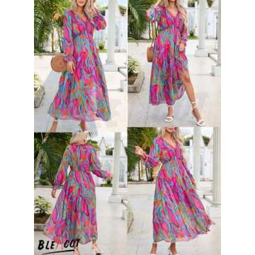 BLENCOT Women's Casual Boho Geometry Multi Printed Deep V Neck Loose Long Sleeve Long Evening Dress ...