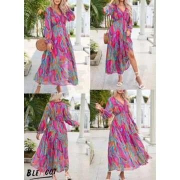 BLENCOT Women's Casual Boho Geometry Multi Printed Deep V Neck Loose Long Sleeve Long Evening Dress ...