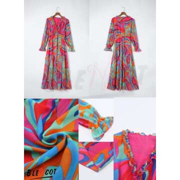 BLENCOT Women's Casual Boho Geometry Multi Printed Deep V Neck Loose Long Sleeve Long Evening Dress for Wedding Ruched Cocktail Party Maxi Small