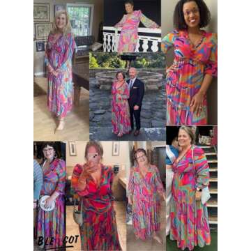 BLENCOT Women's Casual Boho Geometry Multi Printed Deep V Neck Loose Long Sleeve Long Evening Dress for Wedding Ruched Cocktail Party Maxi Small