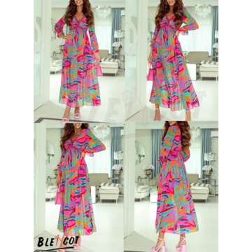 BLENCOT Women's Casual Boho Geometry Multi Printed Deep V Neck Loose Long Sleeve Long Evening Dress for Wedding Ruched Cocktail Party Maxi Small