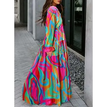 BLENCOT Women's Casual Boho Geometry Multi Printed Deep V Neck Loose Long Sleeve Long Evening Dress for Wedding Ruched Cocktail Party Maxi Small