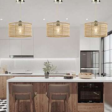 HOONEX Rattan Chandelier, Rattan Light Fixtures Ceiling, 12.4" Wicker Pendant Light for Dining Room ...