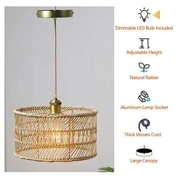 HOONEX Rattan Chandelier, Rattan Light Fixtures Ceiling, 12.4" Wicker Pendant Light for Dining Room Bedroom Kitchen Island, Natural