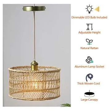 HOONEX Rattan Chandelier, Rattan Light Fixtures Ceiling, 12.4" Wicker Pendant Light for Dining Room Bedroom Kitchen Island, Natural