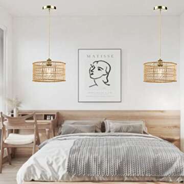 HOONEX Rattan Chandelier, Rattan Light Fixtures Ceiling, 12.4" Wicker Pendant Light for Dining Room Bedroom Kitchen Island, Natural