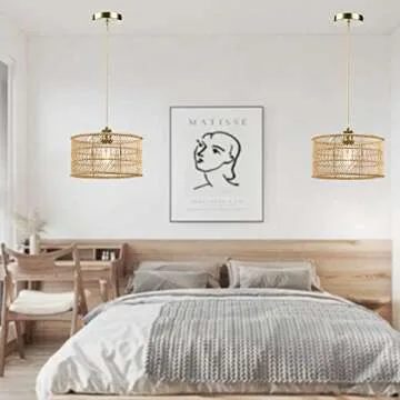 HOONEX Rattan Chandelier, Rattan Light Fixtures Ceiling, 12.4" Wicker Pendant Light for Dining Room Bedroom Kitchen Island, Natural