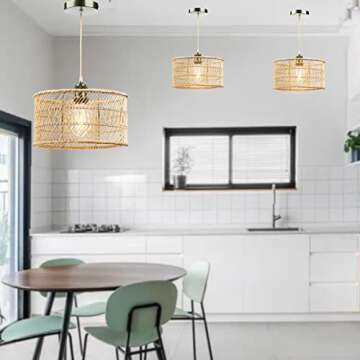 HOONEX Rattan Chandelier, Rattan Light Fixtures Ceiling, 12.4" Wicker Pendant Light for Dining Room Bedroom Kitchen Island, Natural