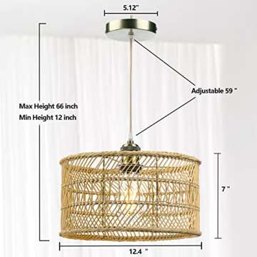 HOONEX Rattan Chandelier, Rattan Light Fixtures Ceiling, 12.4" Wicker Pendant Light for Dining Room Bedroom Kitchen Island, Natural