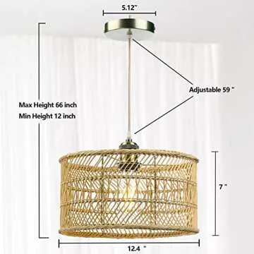 HOONEX Rattan Chandelier, Rattan Light Fixtures Ceiling, 12.4" Wicker Pendant Light for Dining Room Bedroom Kitchen Island, Natural