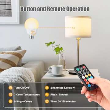 Brightown E26 Rechargeable Light Bulb with Remote and Timer, Battery Backup Bulb for Sconces and Lamps, E26 Detachable Charging for Non-Hardwired Fixture, 3 Color Temperatures + 9 RGB Colors, 4 Pack