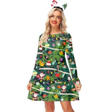 Christmas Dress for Women 3D Print Xmas Tree Party Holiday Ugly Funny Outfit L