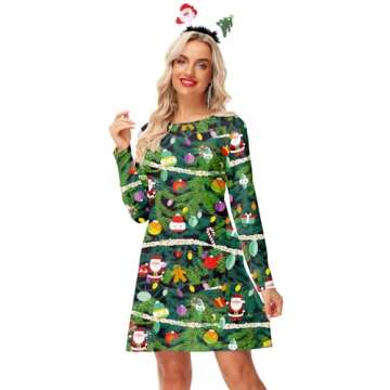 Christmas Dress for Women 3D Print Xmas Tree Party Holiday Ugly Funny Outfit L