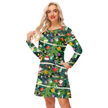 Christmas Dress for Women 3D Print Xmas Tree Party Holiday Ugly Funny Outfit L