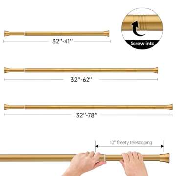 LUWUIDEN Shower Curtain Rod Adjustable 32-62 Inches, No Drill Spring Tension Shower Rods for Bathroom Gold