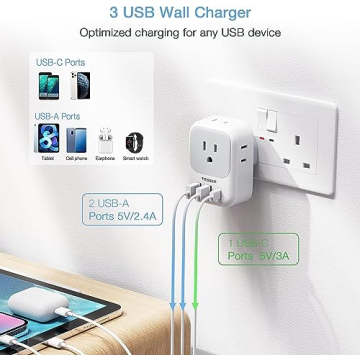 TESSAN US to UK Plug Adapter - Multi Outlet & USB Ports