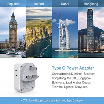TESSAN US to UK Plug Adapter - Multi Outlet & USB Ports