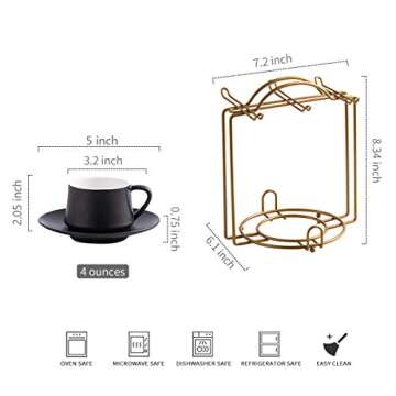 YHOSSEUN Coffee Espresso Cups with Saucers Set with Cup Holder 4 oz, Set of 6 - Demitasse Cups Black