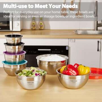 YIHONG 7 Piece Metal Mixing Bowls with Lids for Kitchen, Stainless Steel Set Ideal for Baking, Prepp...