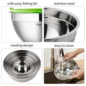 YIHONG 7 Piece Metal Mixing Bowls with Lids for Kitchen, Stainless Steel Set Ideal for Baking, Prepping, Cooking and Serving Food, Nesting Design for Space Saving Storage