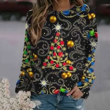 fartey Womens Ugly Christmas Sweatshirt Cute Holiday 3D Print Tops Long Sleeve Round Neck Pullover 2...