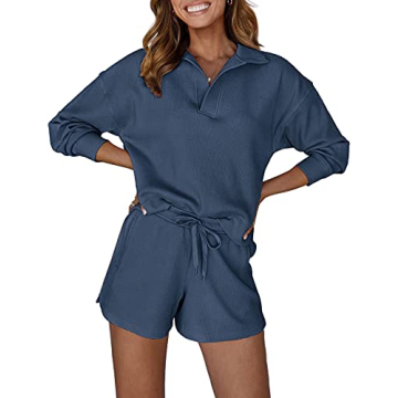 MEROKEETY Women's 2 Piece Waffle Knit Lounge Sets Long Sleeve Shorts Jogger Outfits Pjs Navy