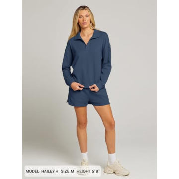 MEROKEETY Women's 2 Piece Waffle Knit Lounge Sets Long Sleeve Shorts Jogger Outfits Pjs Navy