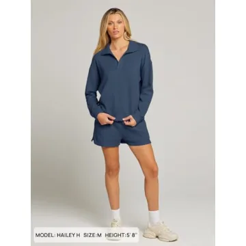 MEROKEETY Women's 2 Piece Waffle Knit Lounge Sets Long Sleeve Shorts Jogger Outfits Pjs Navy