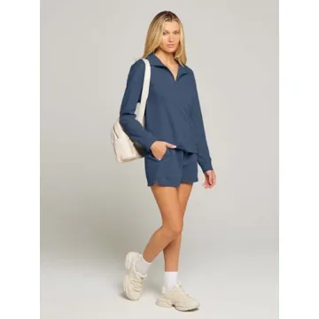 MEROKEETY Women's 2 Piece Waffle Knit Lounge Sets Long Sleeve Shorts Jogger Outfits Pjs Navy